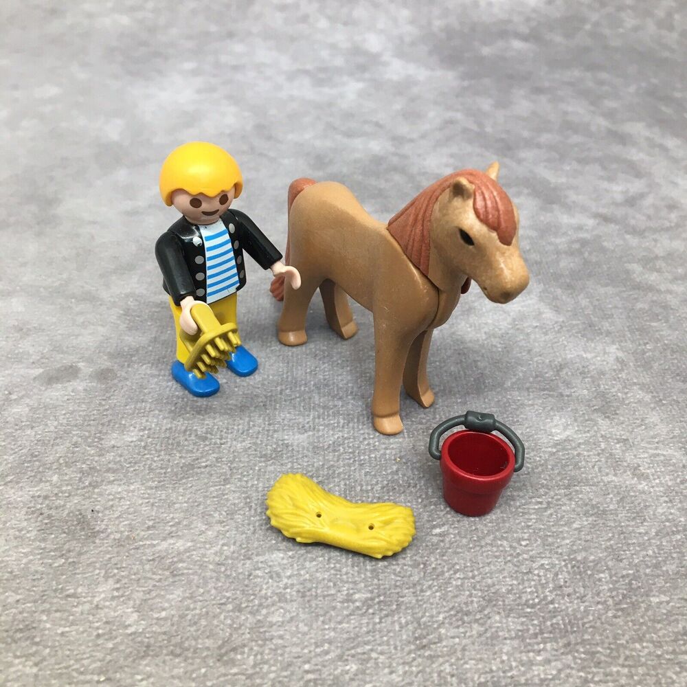 Playmobil Blond Child Brushing Pony+ Hay & Pail- Hand is Broken